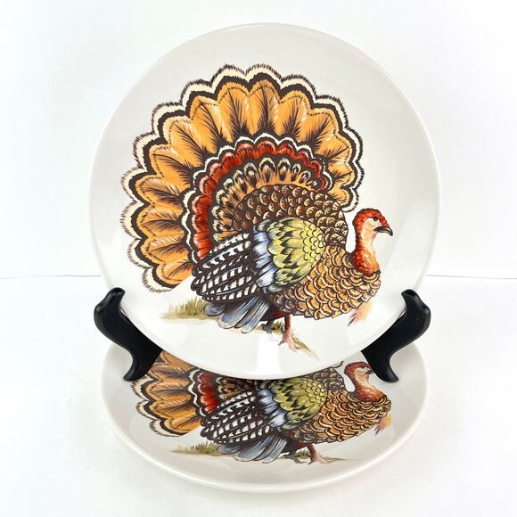 Pottery Barn Turkey Thanksgiving 9" Luncheon Salad Plates Set of 2 - Picture 1 of 5